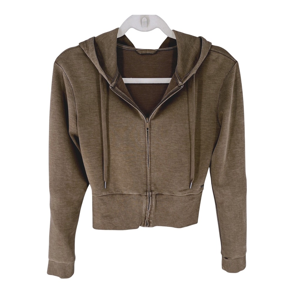 Vuori Halo Mini Full Zip Hoodie Sable Heather Brown Cropped Sweatshirt Womens - Picture 3 of 15